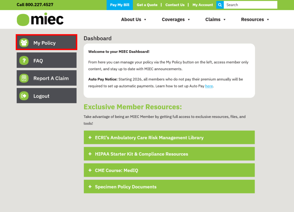 Screenshot of an MIEC Dashboard with the "My Policy" button highlighted in red.