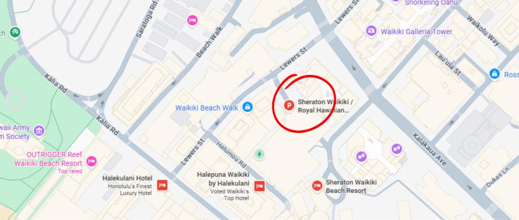 Image of Google Maps with Royal Hawaiian Parking Garage circled in red.