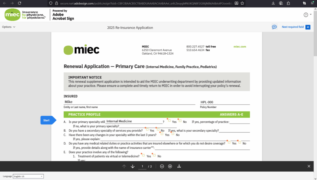 Screenshot of renewal application page