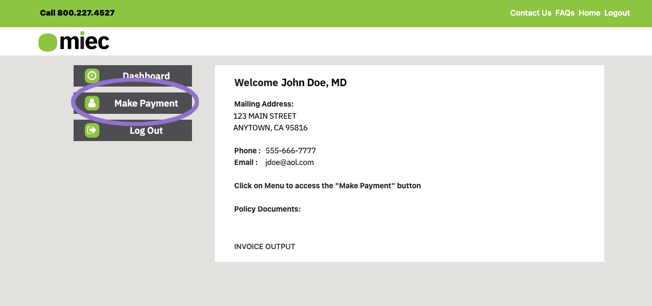 screenshot of policy home page with make payment button highlighted with a circle