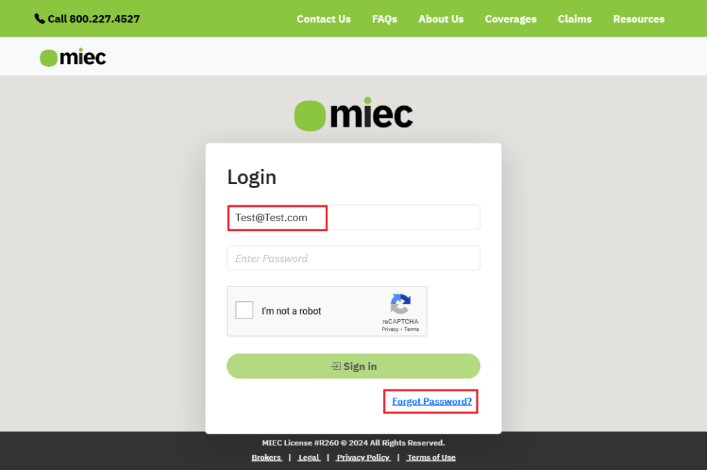 MIEC login page with red box highlighting where you enter your email ID to login and red box highlighting the "Forgot Password" link. 