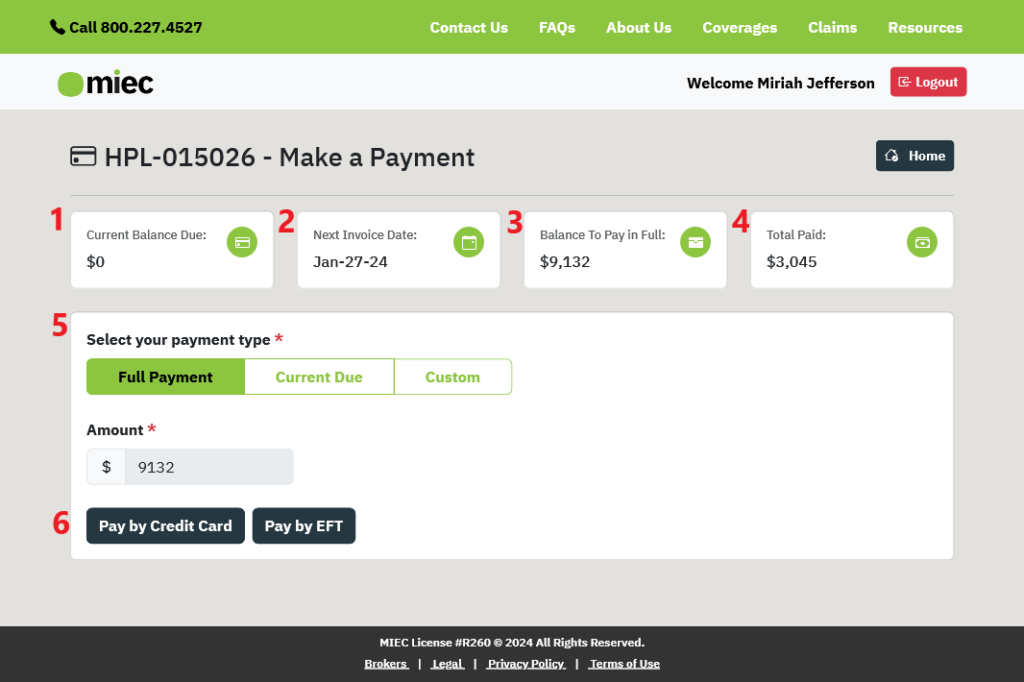 Make a payment page screenshot with numbers 1-6 corresponding to text references after image 