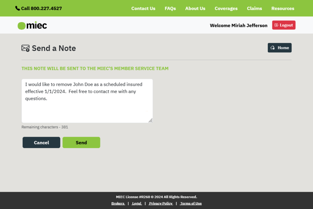 Screenshot of Send a Note page with sample text.